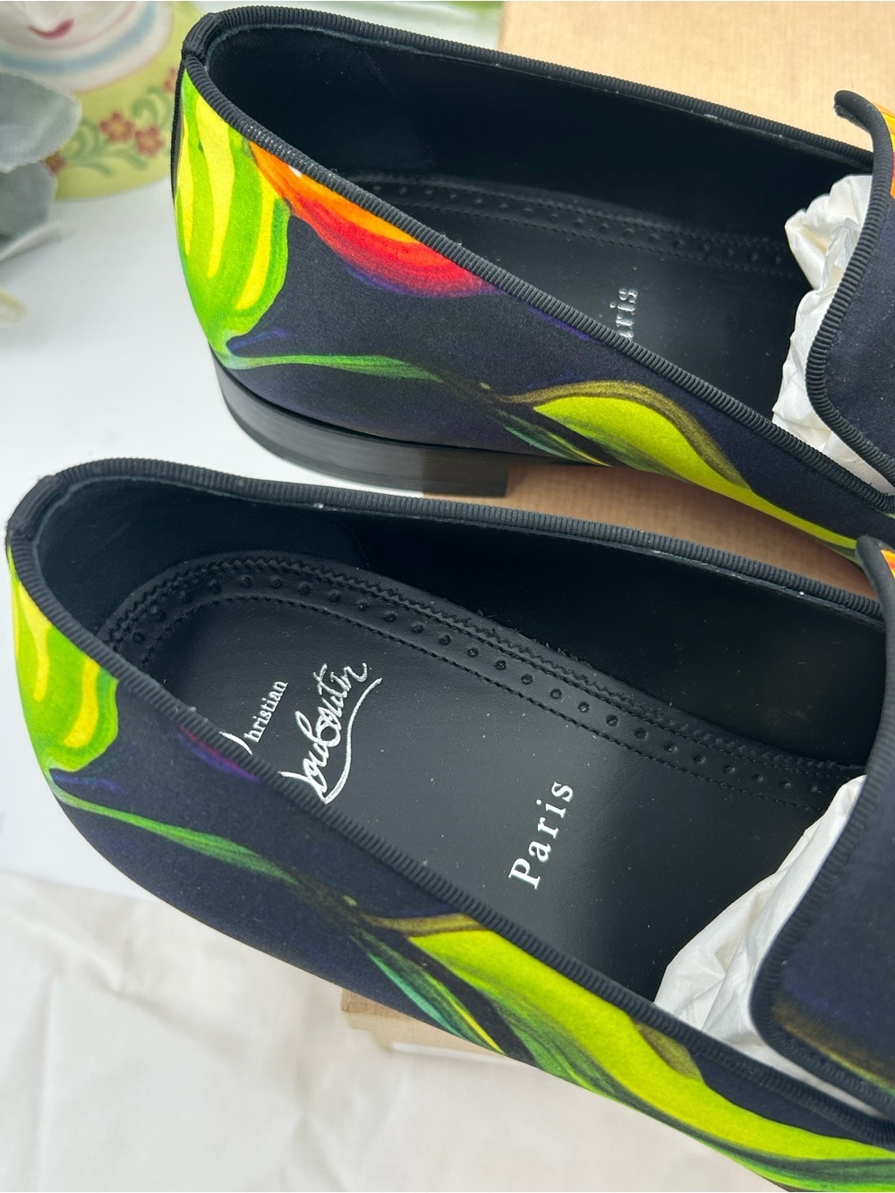 Men's Christian Louboutin floral print satin loafers size 43 made in Italy - Picture 7 of 11